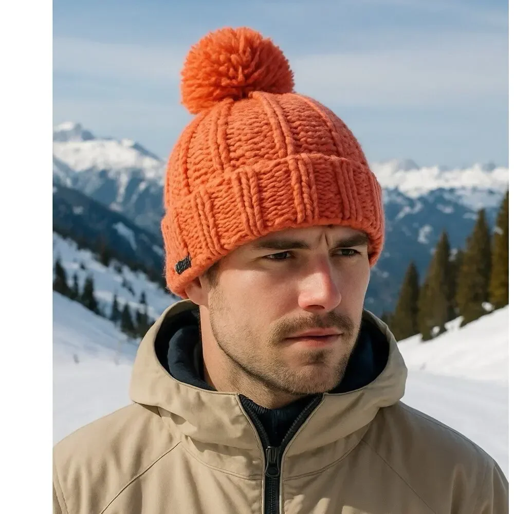 prAna Chunky Knit Pom Beanie Melon Coral Rust Soft Whool Blend Retro Sky Gorp